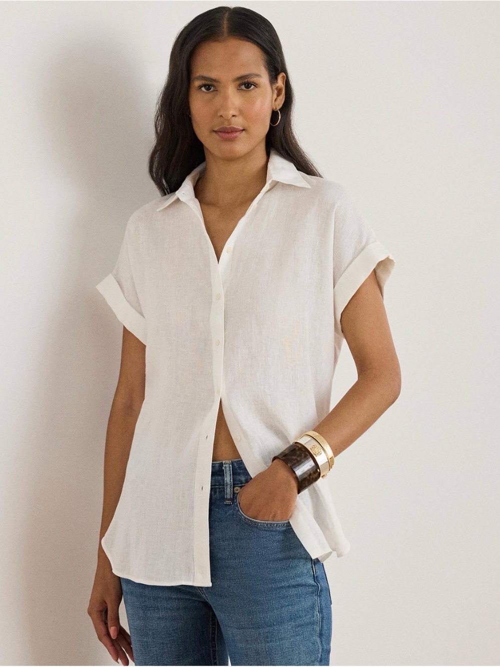 Lauren Ralph Lauren White Short-Sleeve Linen Button-Down Shirt